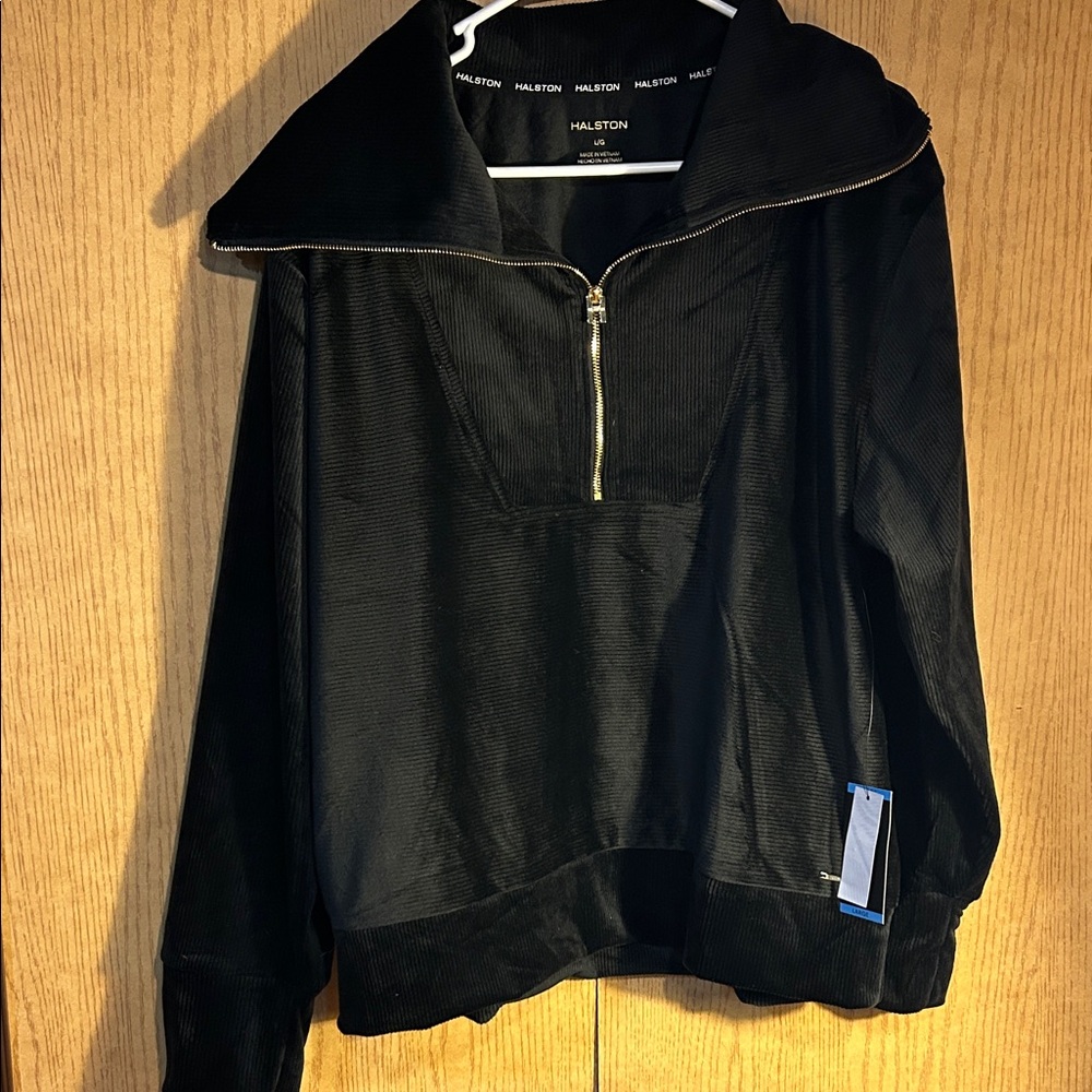 Halston Heritage Black Velour Quarter-Zip Pullover